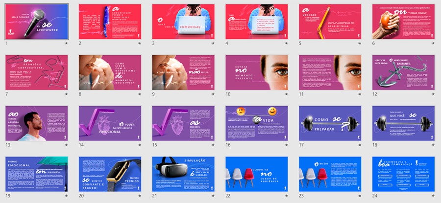 Páginas variadas do e-book "como se sentir mais seguro ao se apresentar", mostrando como funciona uma boa criação de slides.