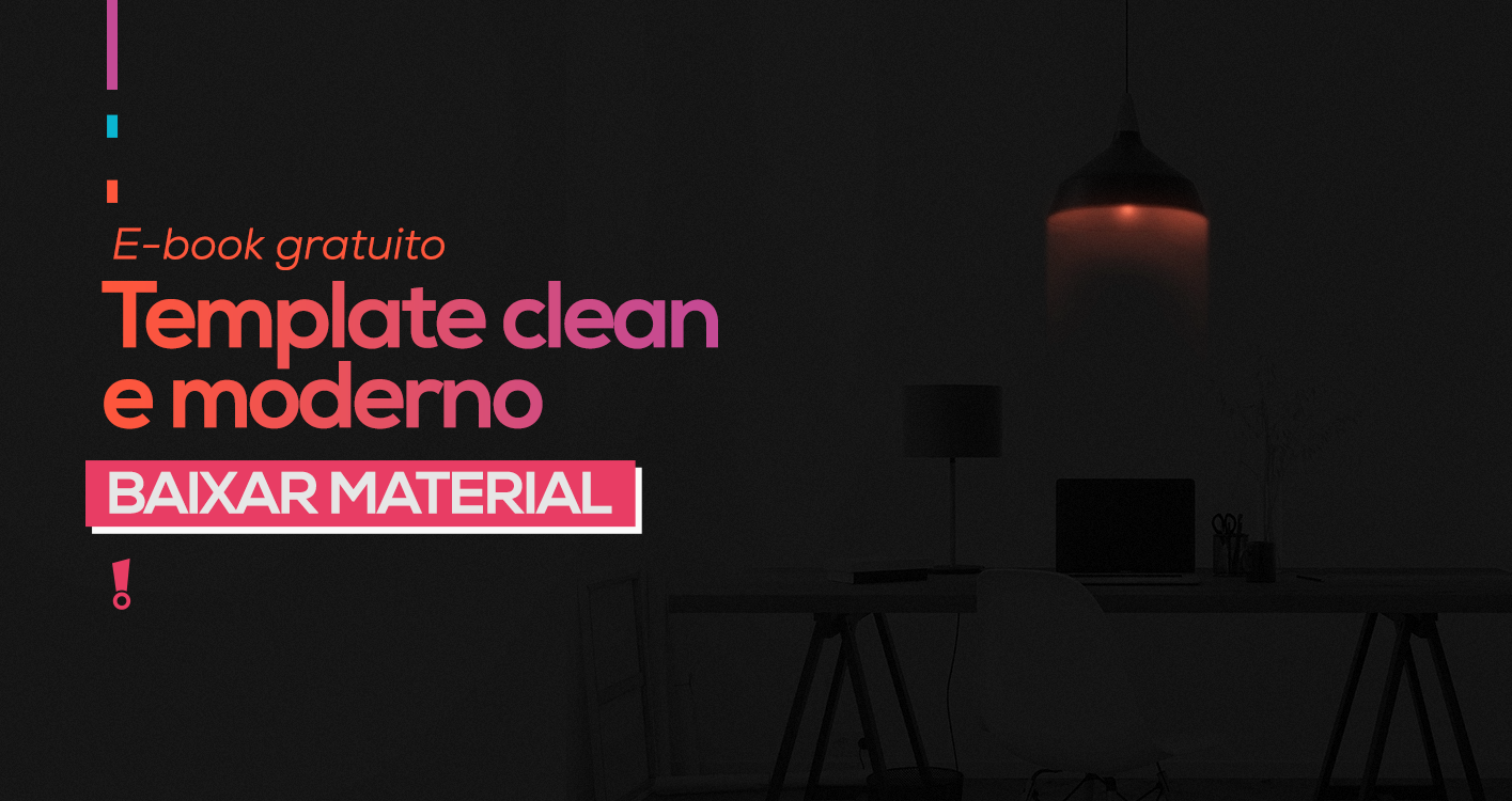 escritório clean em fundo preto e o seguinte texto em rosa "E-book gratuito - Template clean e moderno"
