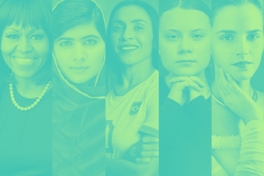 Colagem de fotos de Michelle Obama, Malala, Marta, Greta Thunberg e Emma Watson