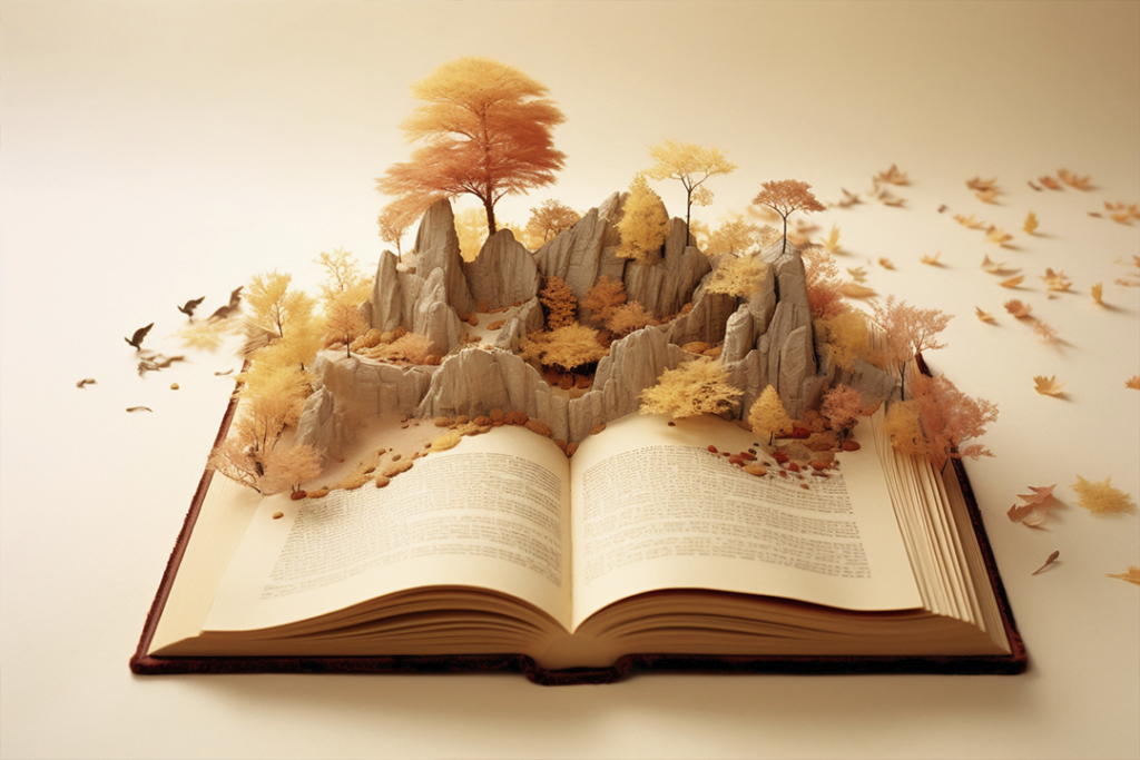 Livro aberto com uma floresta em relevo