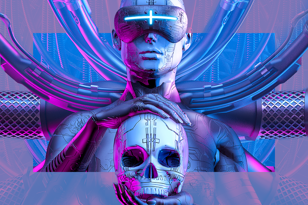 Ilustração de um androide segurando uma cabeça robótica, com um cenário tecnológico futurista em tons de rosa e azul