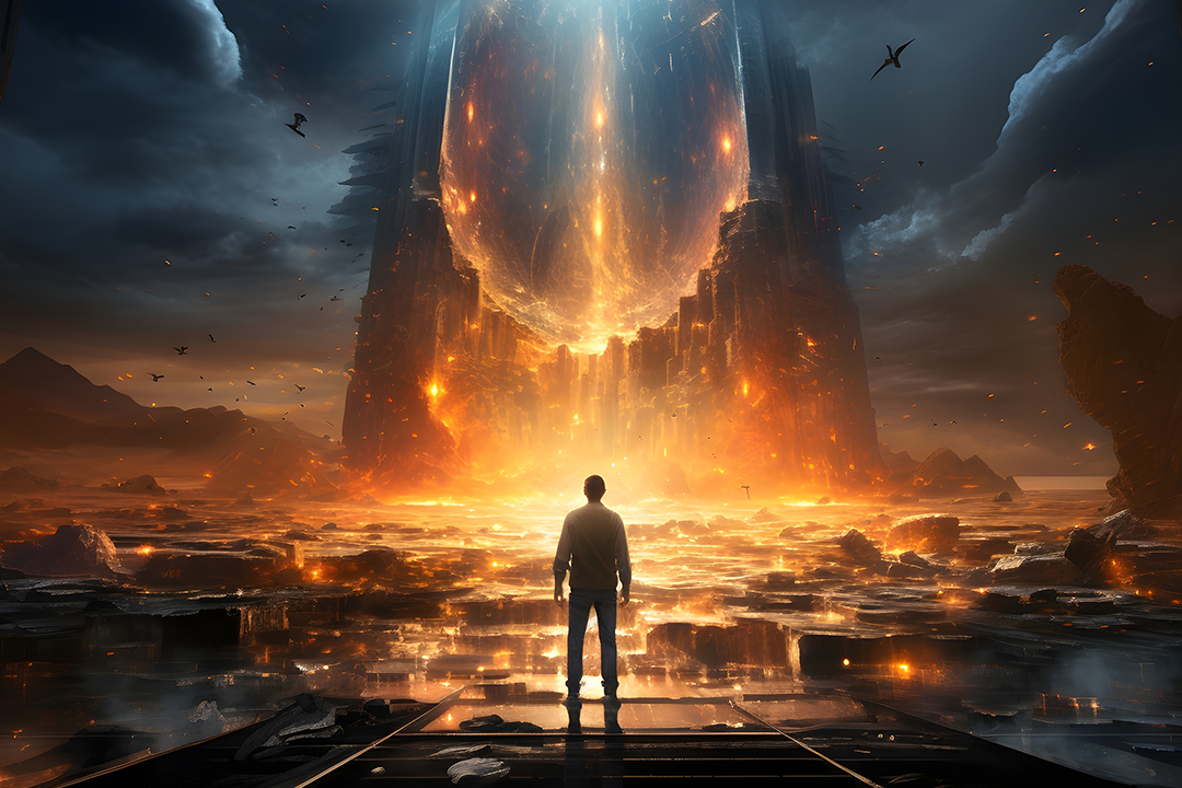 Figura de um homem diante de uma paisagem fantástica com uma imponente estrutura de fogo, ilustrando a capacidade do storytelling