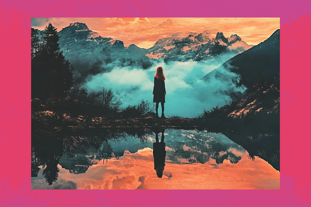Imagem de uma menina refletida em um lago, remontando a uma narrativa fantasiosa