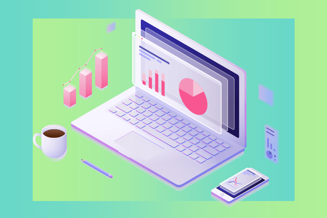 Notebook com um slides e gráficos e demais informações sendo selecionadas