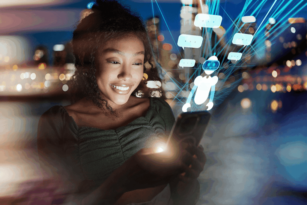 Mulher usando celular e sorrindo ao ver um boneco de Inteligência Artificial no Canva