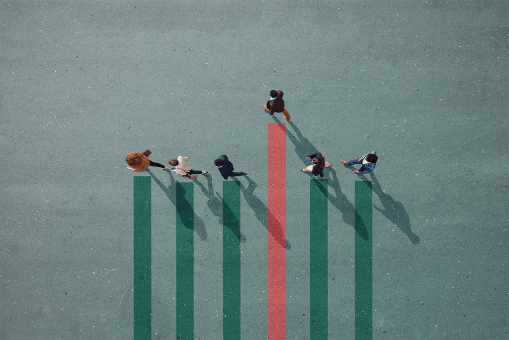Pessoas caminhando, em que suas sombras simbolizam gráficos de barras 