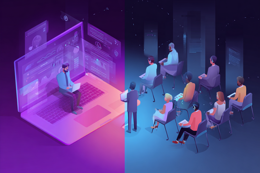Ilustração para mostrar as diferenças de uma apresentação online para presencial