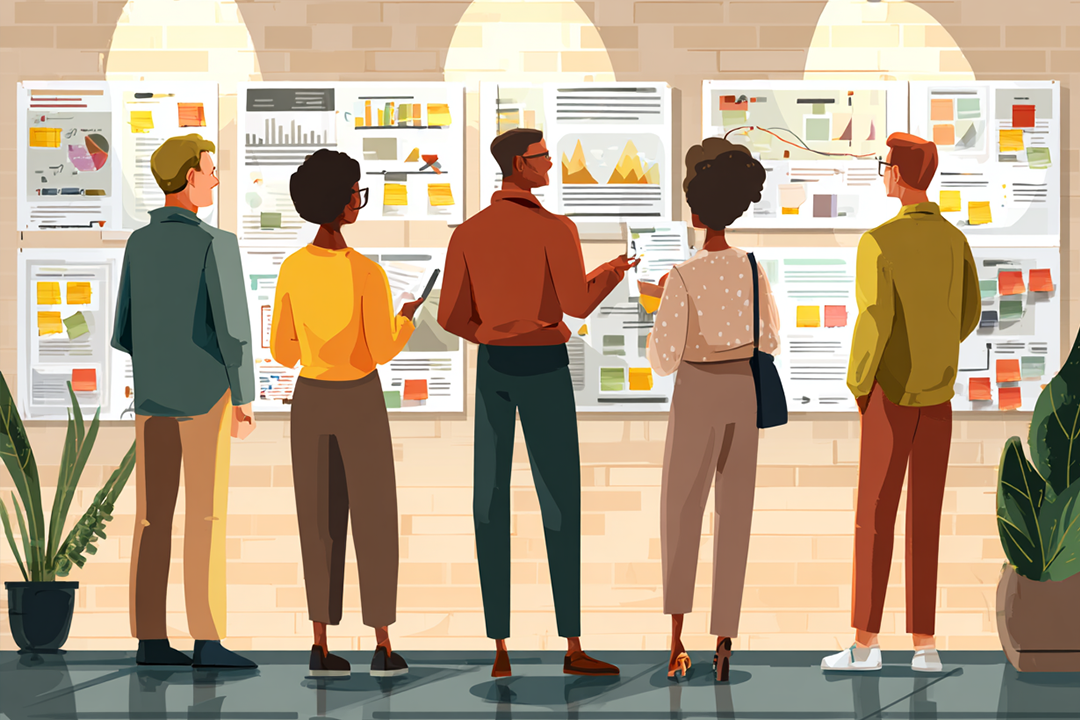 Equipe olhando para post-its colados na parede mostrando as etapas da estratégia de comunicação