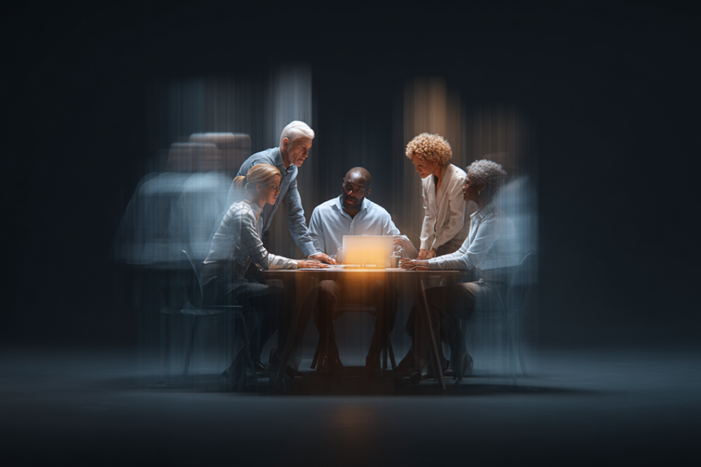 Grupo de pessoas reunidos em uma mesa realizando uma atividade para avaliar equipes