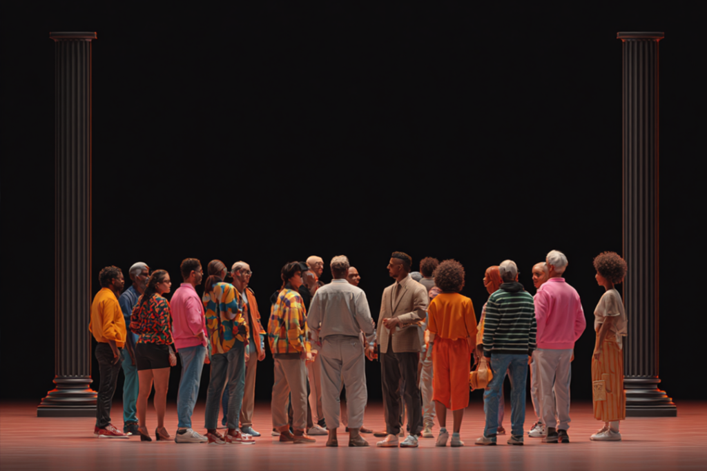 Dezenas de pessoas em um palco em uma dinâmica sobre mitos e verdades sobre linguagem corporal