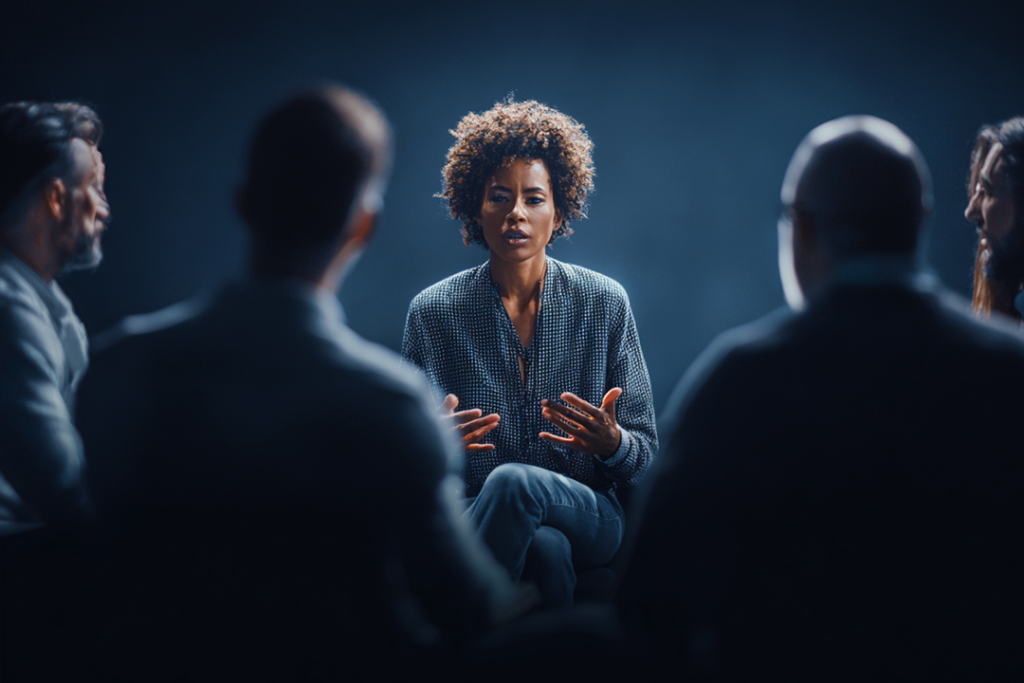 Mulher executiva no meio de uma roda com outras pessoas usando seu poder de persuasão