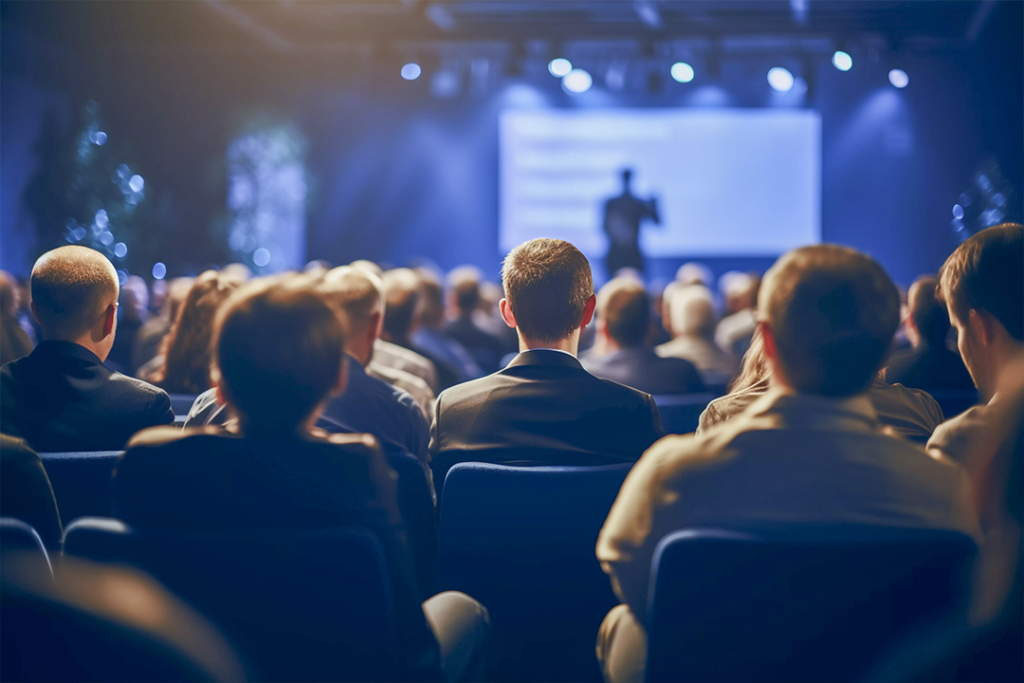 Pessoas sentadas na plateia durante uma palestra de evento corporativo